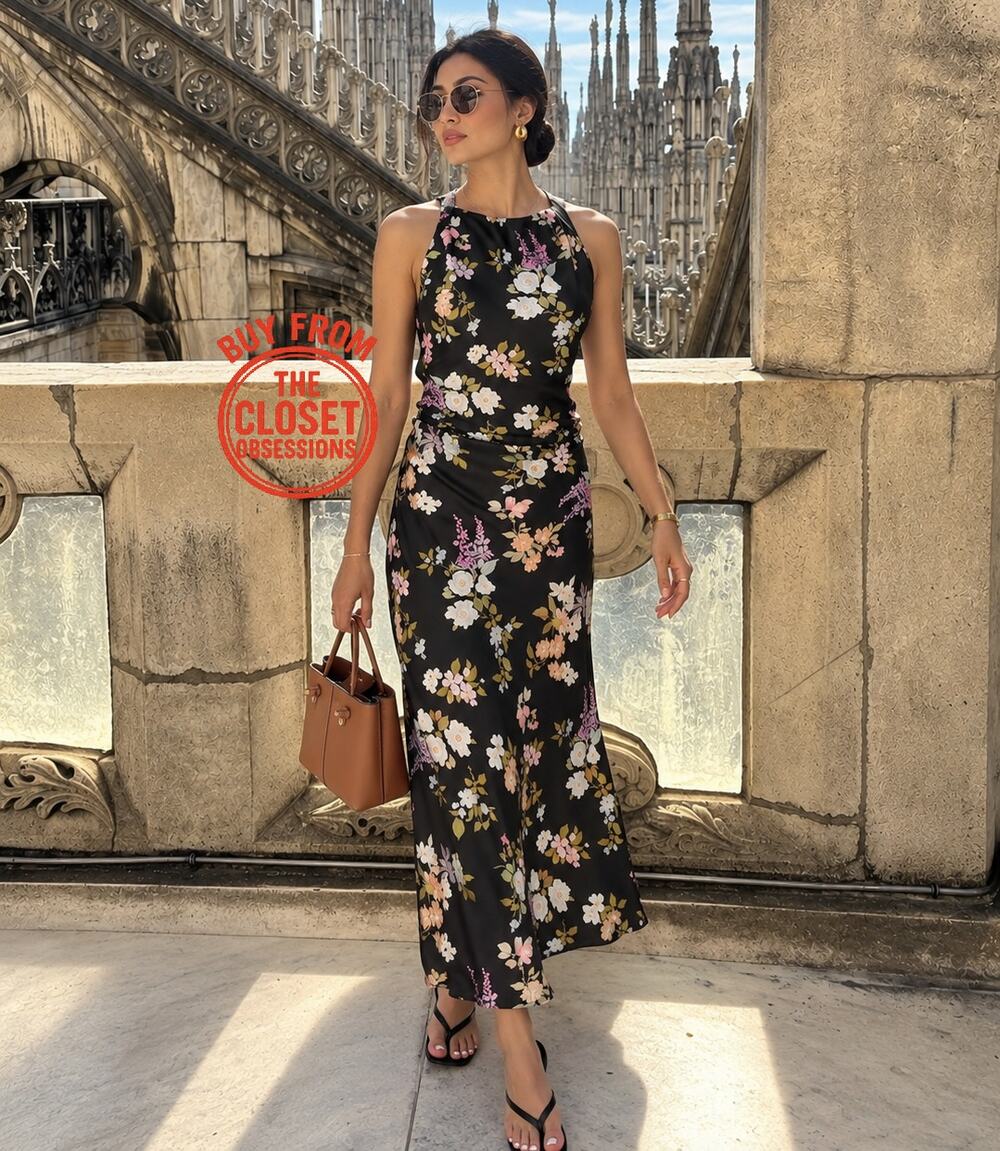 ZARA Black Floral Satin Midi Dress NWT Ruched Wedding Guest Dress Size S
